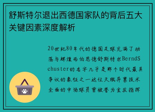 舒斯特尔退出西德国家队的背后五大关键因素深度解析 舒斯特尔退出西德国家队的背后五大关键因素深度解析